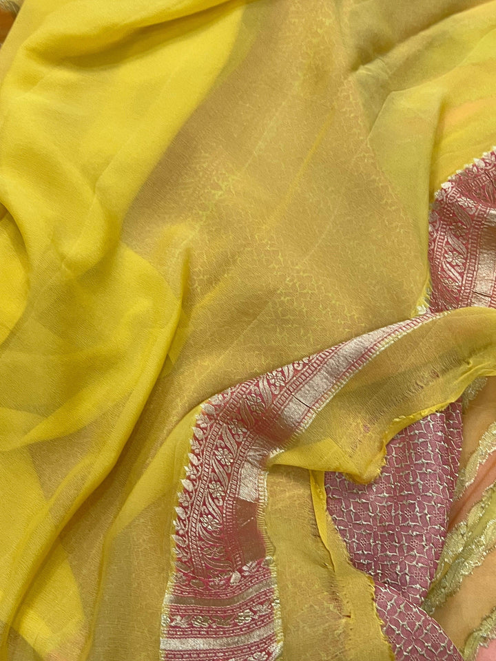 Yellow Rangkaat Banarasi Khaddi Georgette Saree - Aura Benaras