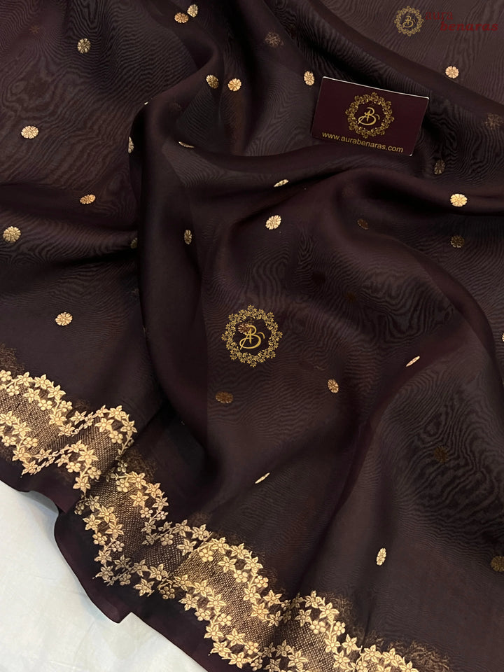 Pre Order :: Dark Brown Pure Kora Silk Handloom Banarasi Saree