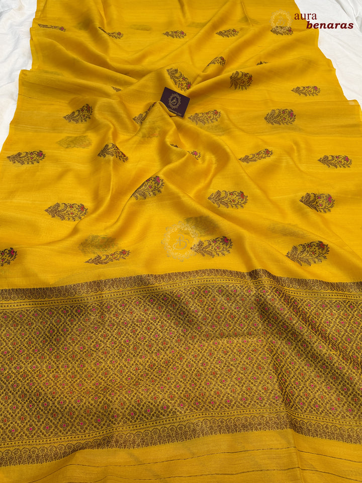 Yellow Tussar Silk Banarasi Saree with Kadhwa Meenakari