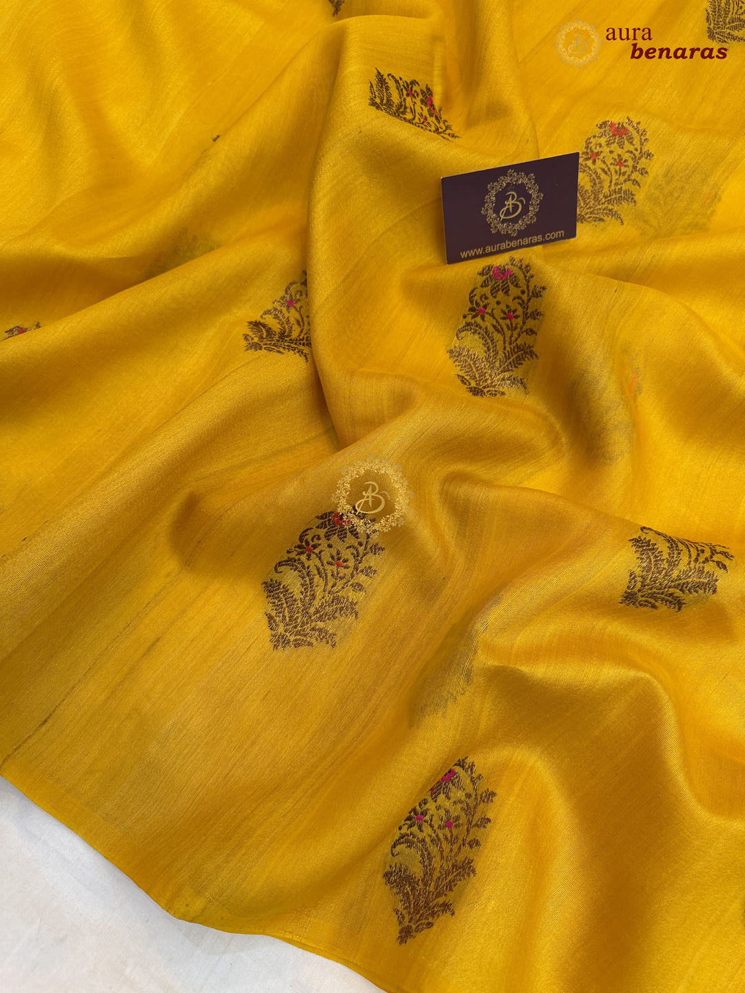 Yellow Tussar Silk Banarasi Saree with Kadhwa Meenakari