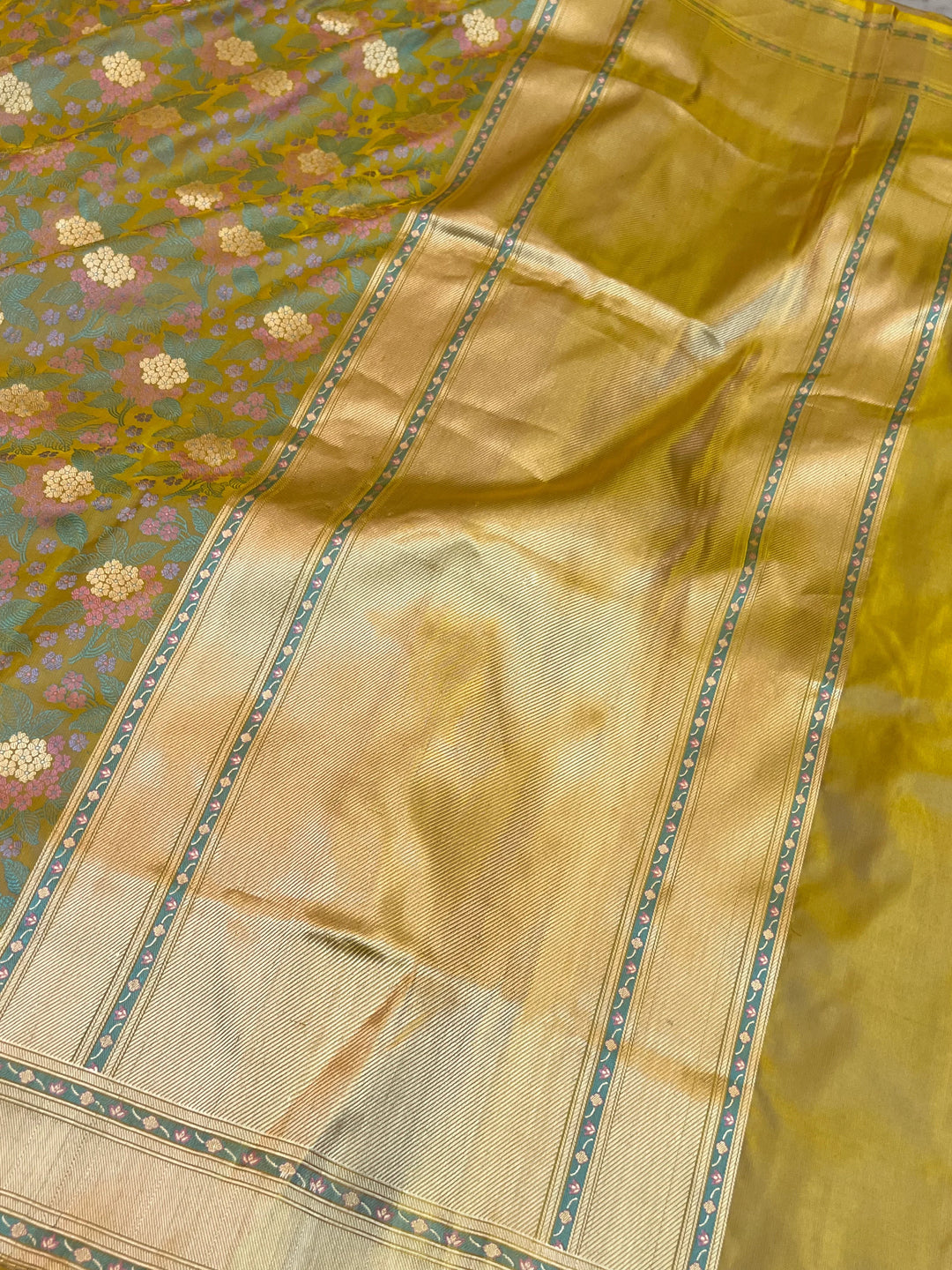 Yellow Pure Katan Satin Silk Handloom Banarasi Saree | Tanchui work