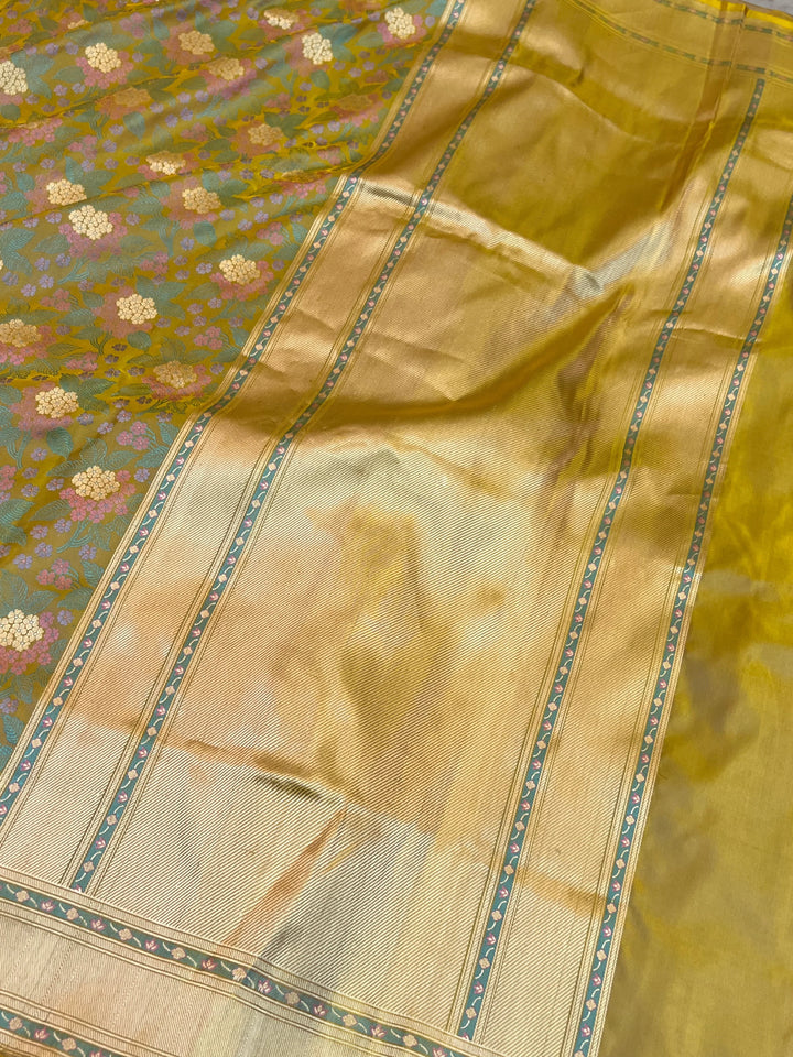 Yellow Pure Katan Satin Silk Handloom Banarasi Saree | Tanchui work