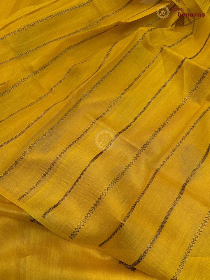 Yellow Tussar Silk Banarasi Saree with Kadhwa Meenakari