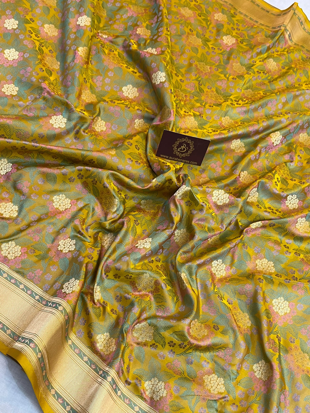 Yellow Pure Katan Satin Silk Handloom Banarasi Saree | Tanchui work