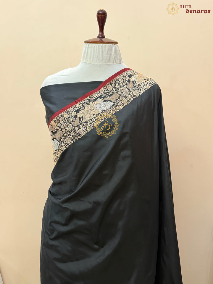 Black Pure Katan Silk Banarasi Handloom Saree with Shikargaah Border