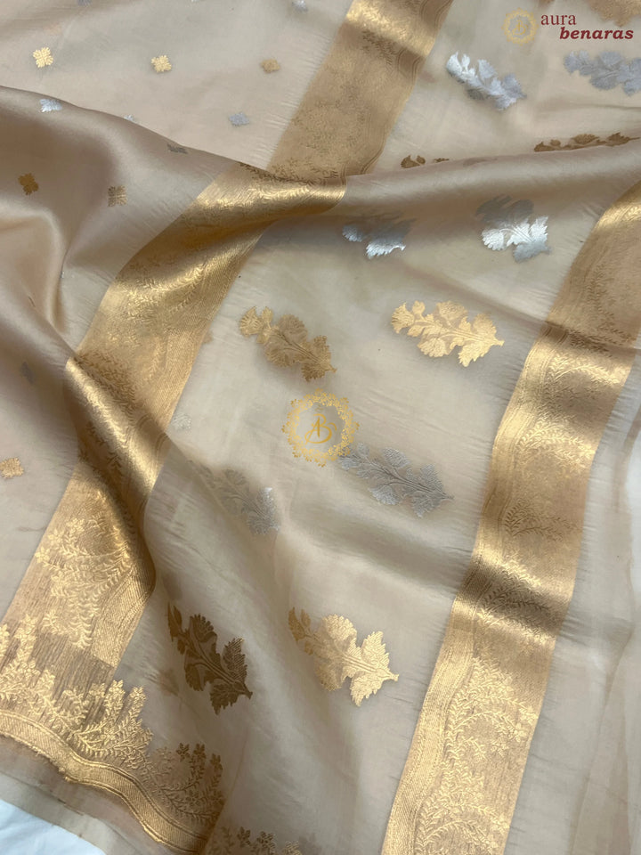 Pre Order :: Cream Pure Kora Silk Handloom Banarasi Saree