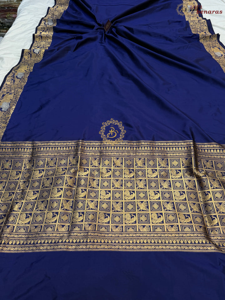 Royal Blue Pure Katan Silk Banarasi Handloom Saree with Shikargaah Border