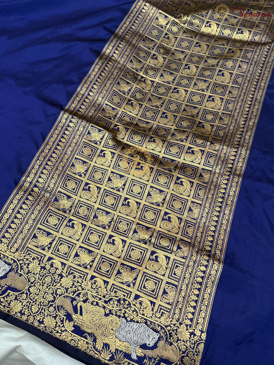 Royal Blue Pure Katan Silk Banarasi Handloom Saree with Shikargaah Border