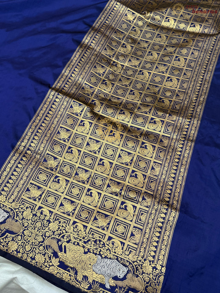 Royal Blue Pure Katan Silk Banarasi Handloom Saree with Shikargaah Border