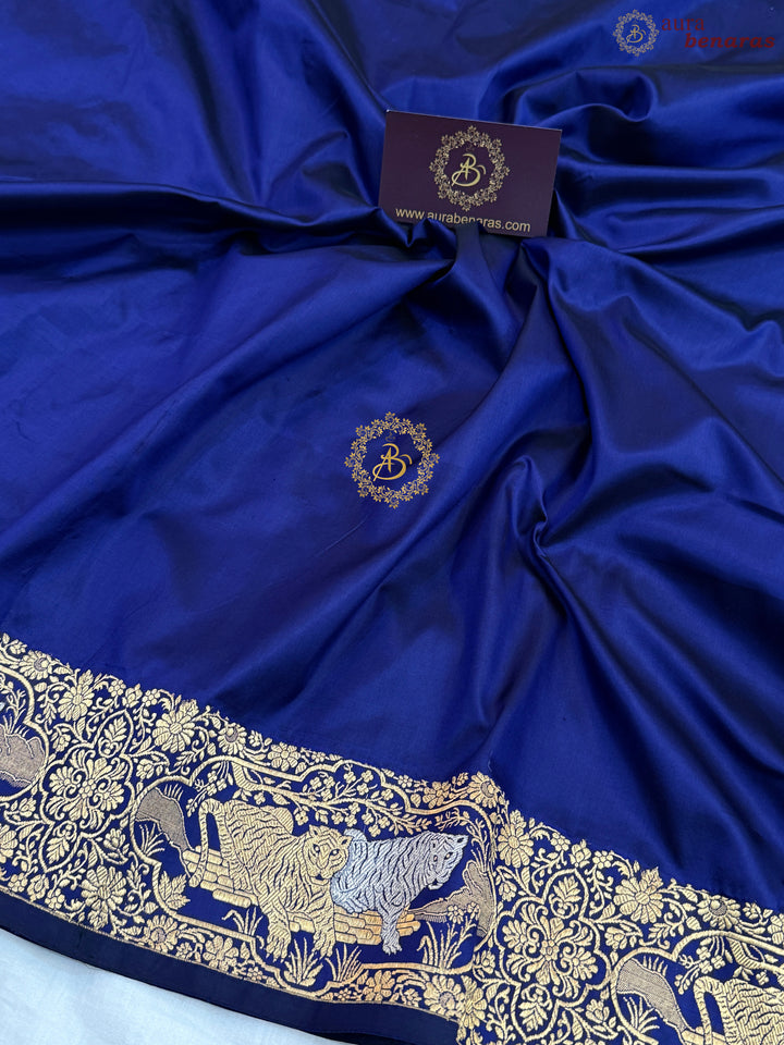 Royal Blue Pure Katan Silk Banarasi Handloom Saree with Shikargaah Border