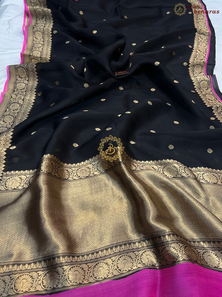 Black Banarasi Handloom Kora Silk Saree