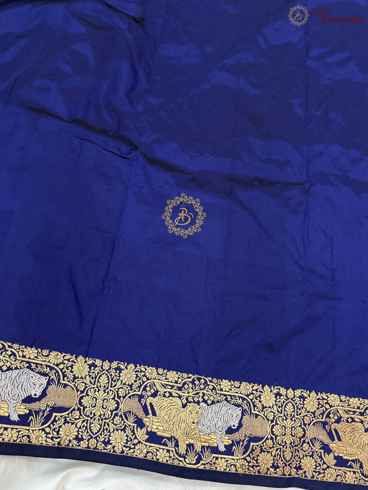 Royal Blue Pure Katan Silk Banarasi Handloom Saree with Shikargaah Border