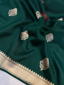 Bottle Green Pure Banarasi Handloom Silk Saree - Aura Benaras