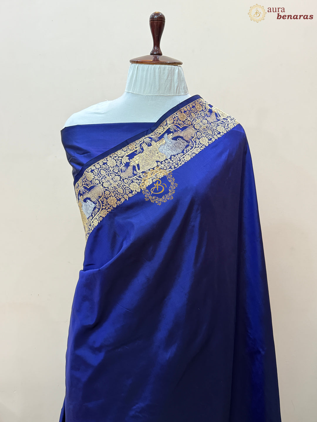 Royal Blue Pure Katan Silk Banarasi Handloom Saree with Shikargaah Border
