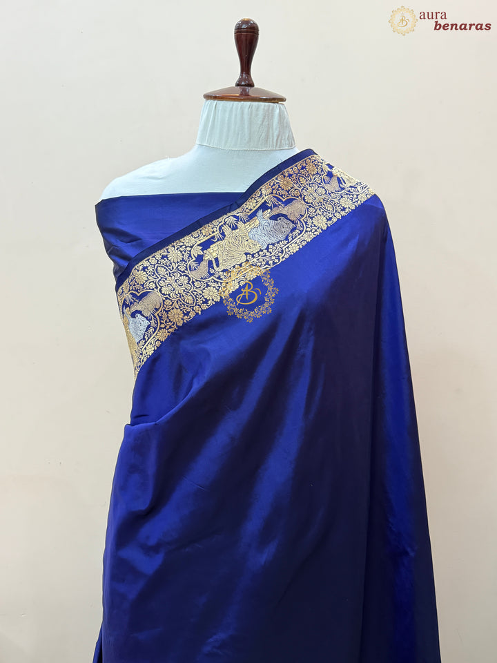 Royal Blue Pure Katan Silk Banarasi Handloom Saree with Shikargaah Border