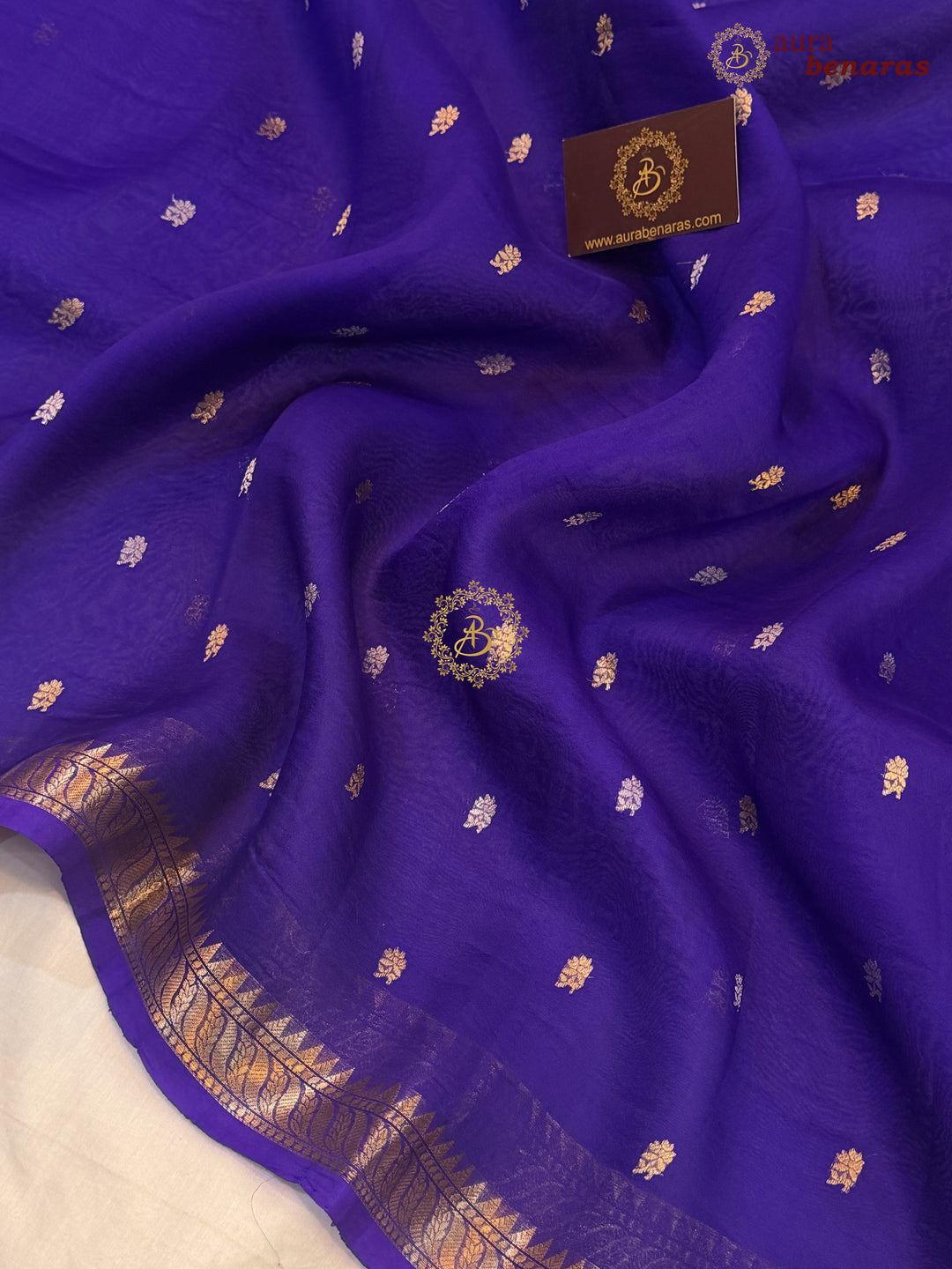 Pure Purple Kora Silk Banarasi Saree with Kadhwa Flower Butas