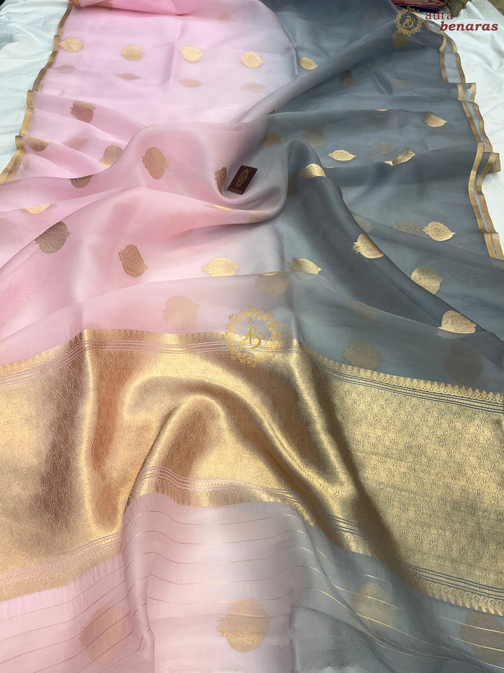 Pale Pink and Grey Shaded Pure Kora Silk Handloom Banarasi Saree