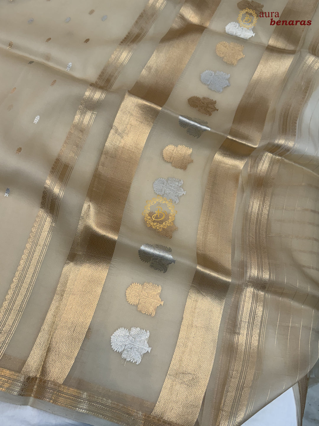 Pure Beige Kora Silk Banarasi Saree with Kadhwa Flower Butas