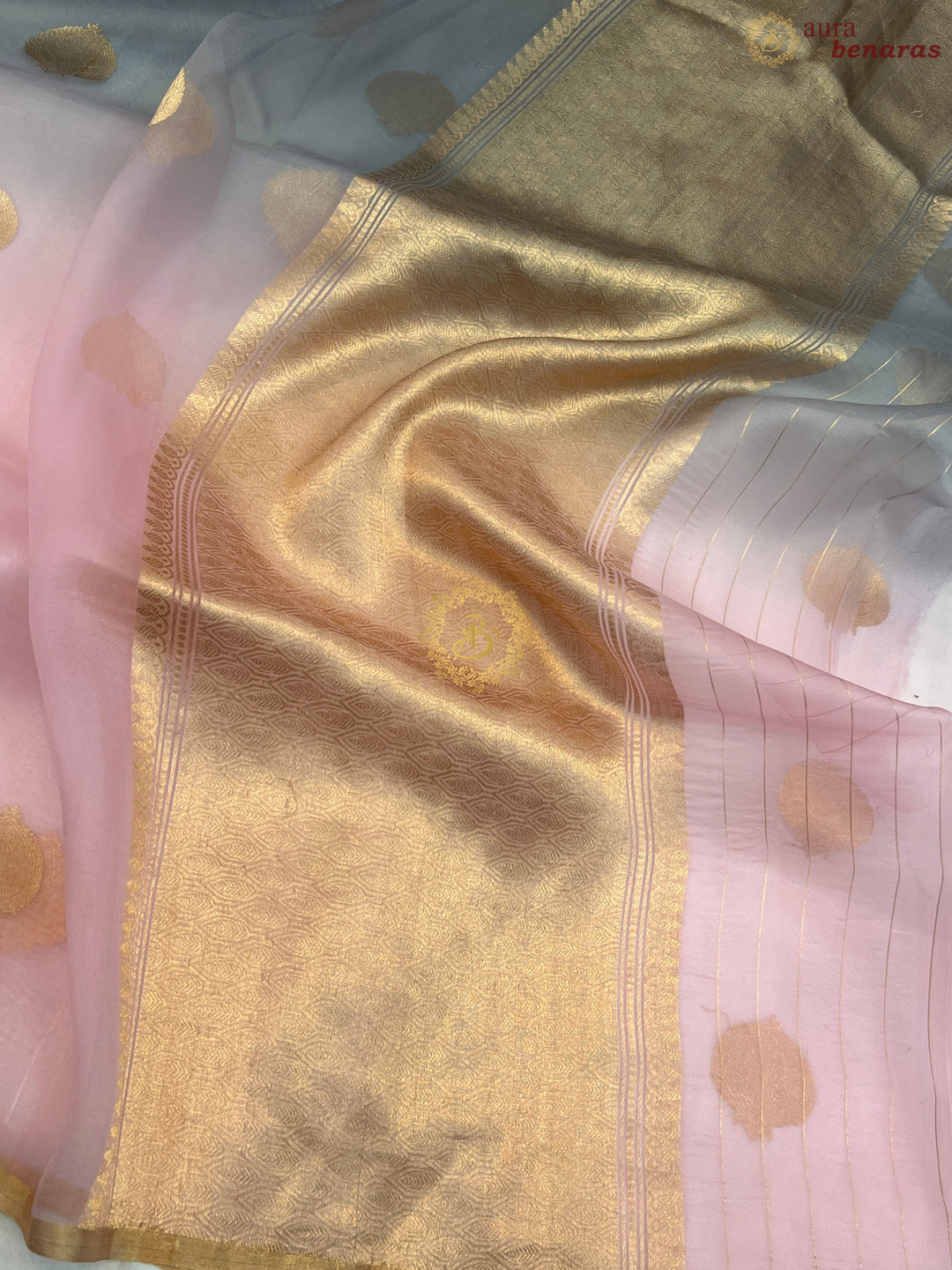 Pale Pink and Grey Shaded Pure Kora Silk Handloom Banarasi Saree