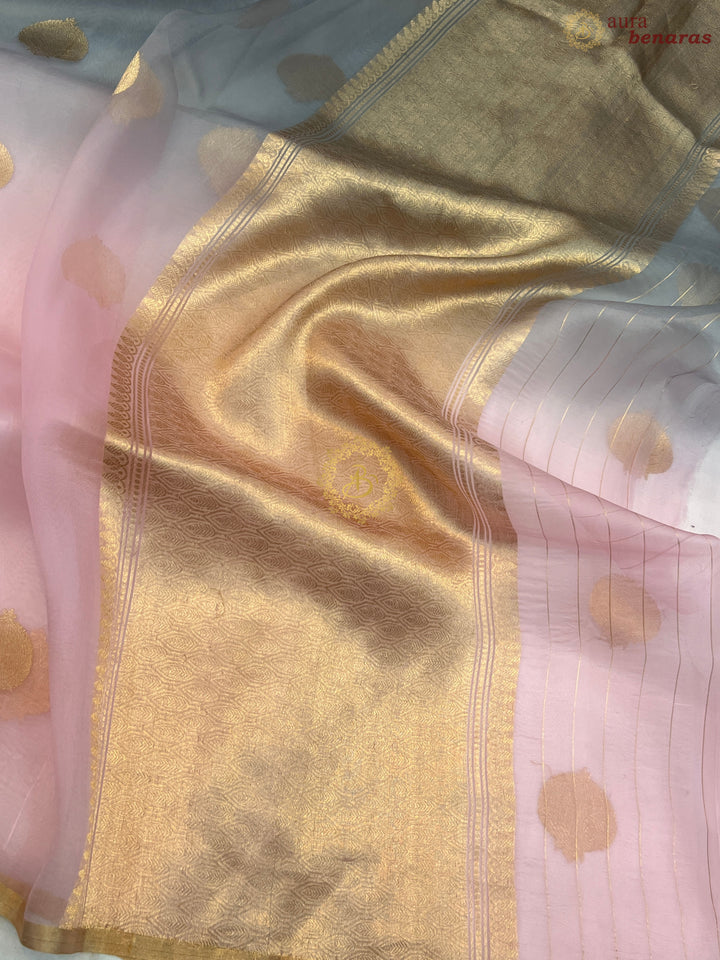 Pale Pink and Grey Shaded Pure Kora Silk Handloom Banarasi Saree