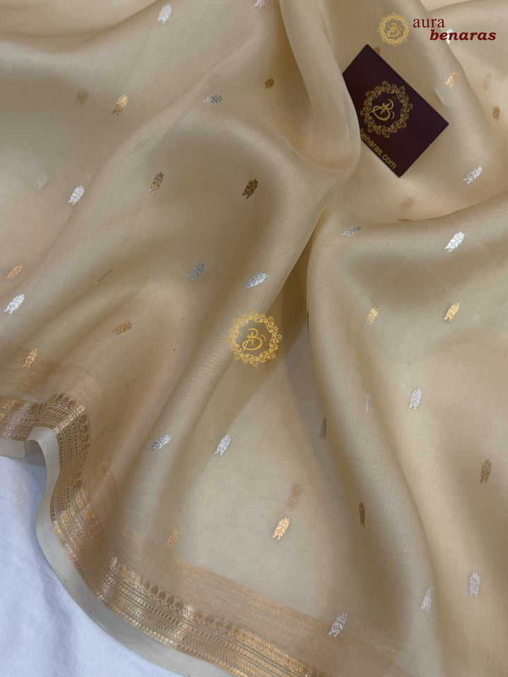 Pure Beige Kora Silk Banarasi Saree with Kadhwa Flower Butas