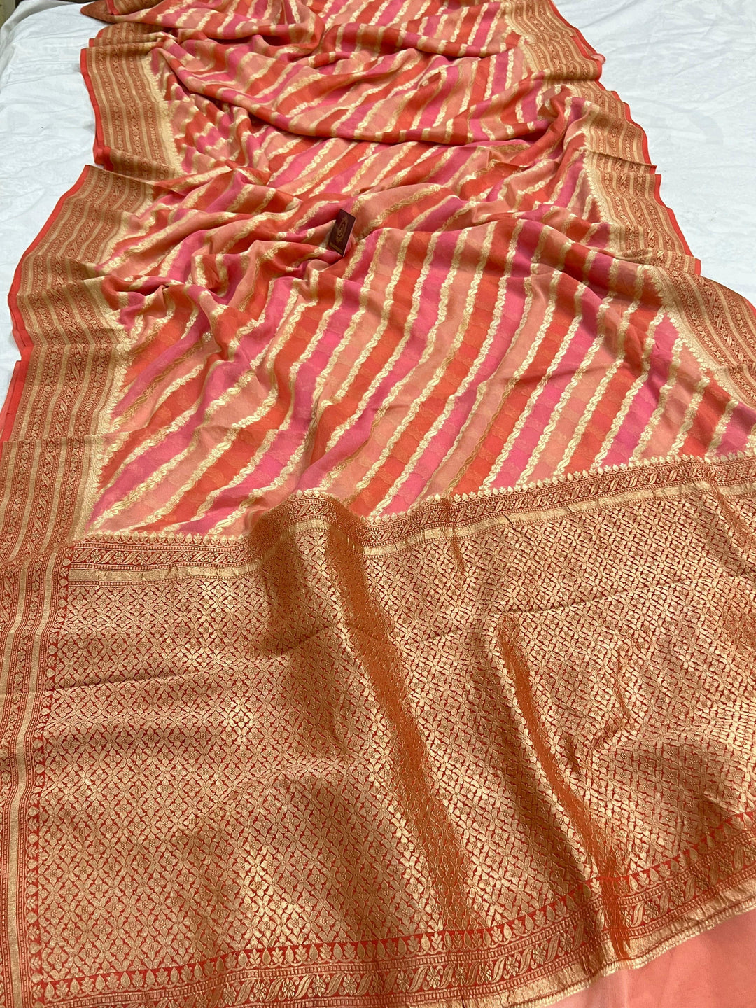 Peach Rangkaat Banarasi Khaddi Georgette Saree - Aura Benaras