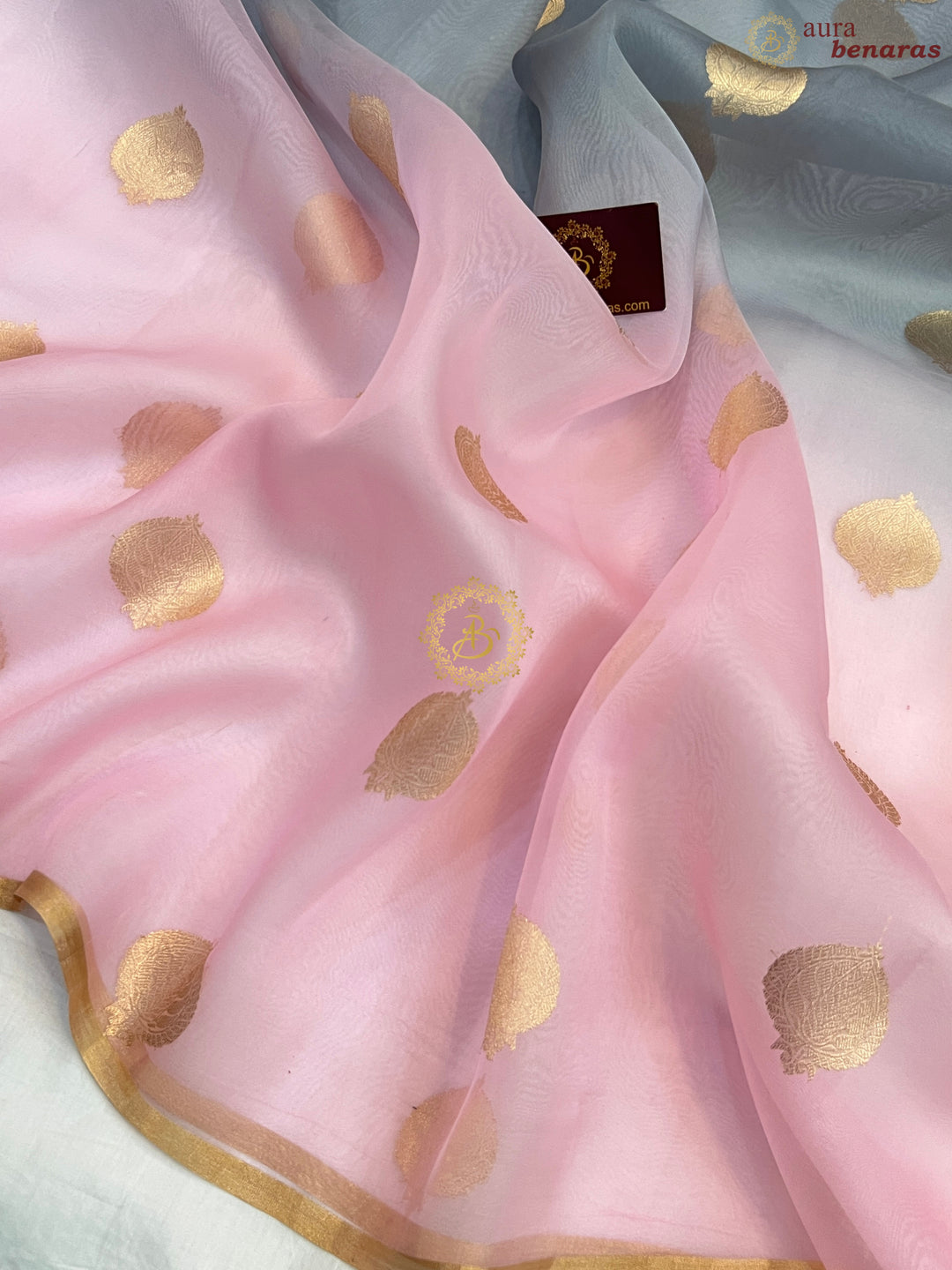 Pale Pink and Grey Shaded Pure Kora Silk Handloom Banarasi Saree