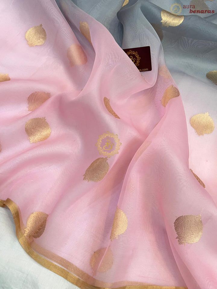 Pale Pink and Grey Shaded Pure Kora Silk Handloom Banarasi Saree