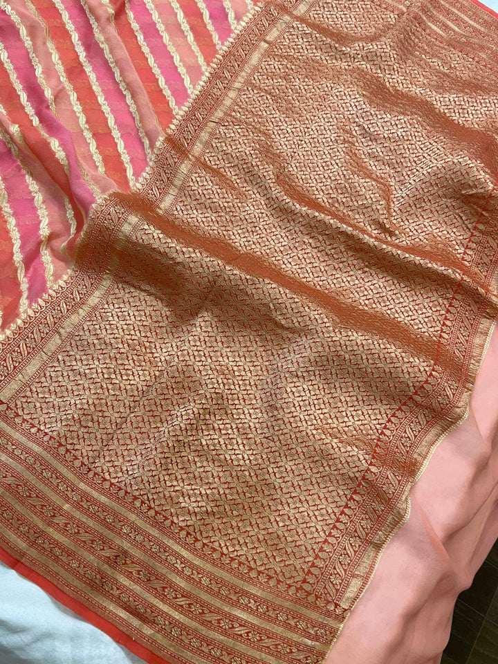 Peach Rangkaat Banarasi Khaddi Georgette Saree - Aura Benaras