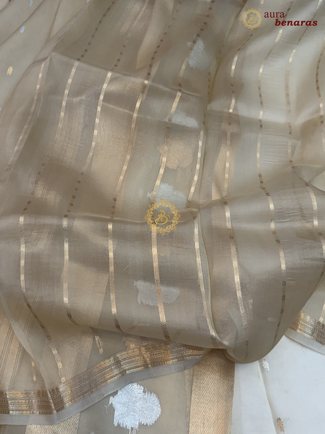 Pure Beige Kora Silk Banarasi Saree with Kadhwa Flower Butas