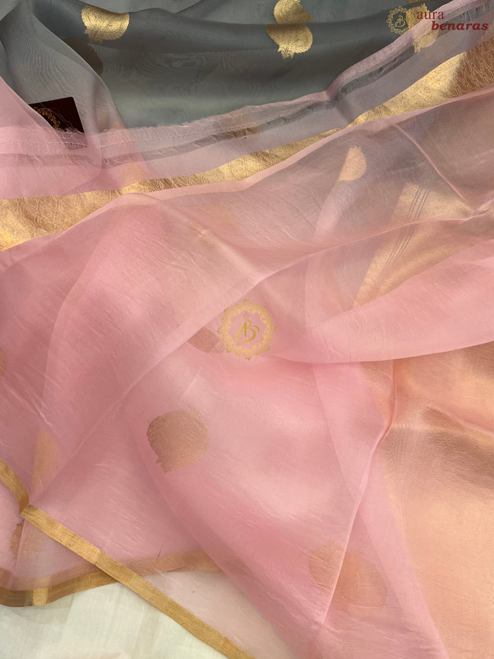Pale Pink and Grey Shaded Pure Kora Silk Handloom Banarasi Saree