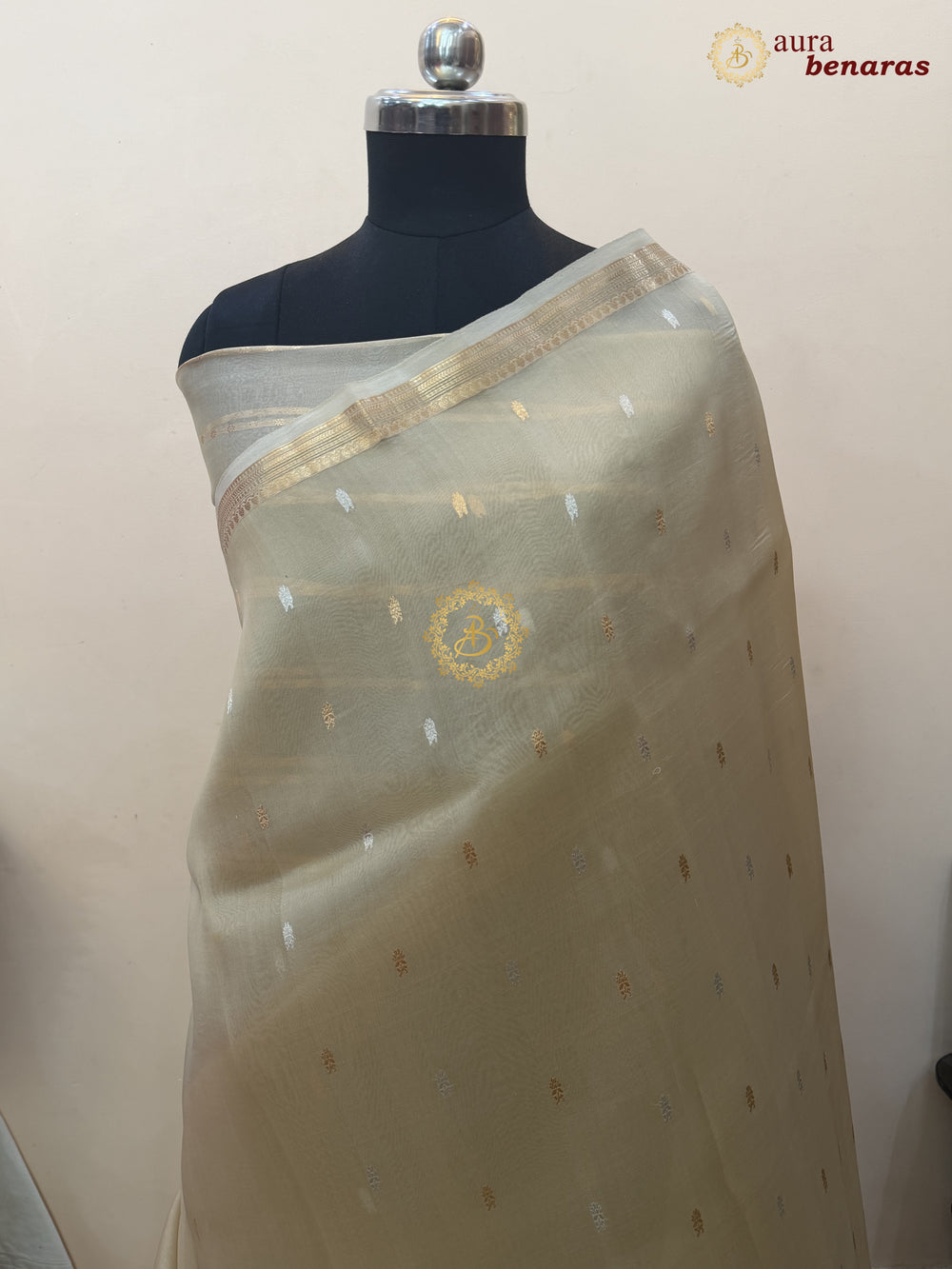 Pure Beige Kora Silk Banarasi Saree with Kadhwa Flower Butas