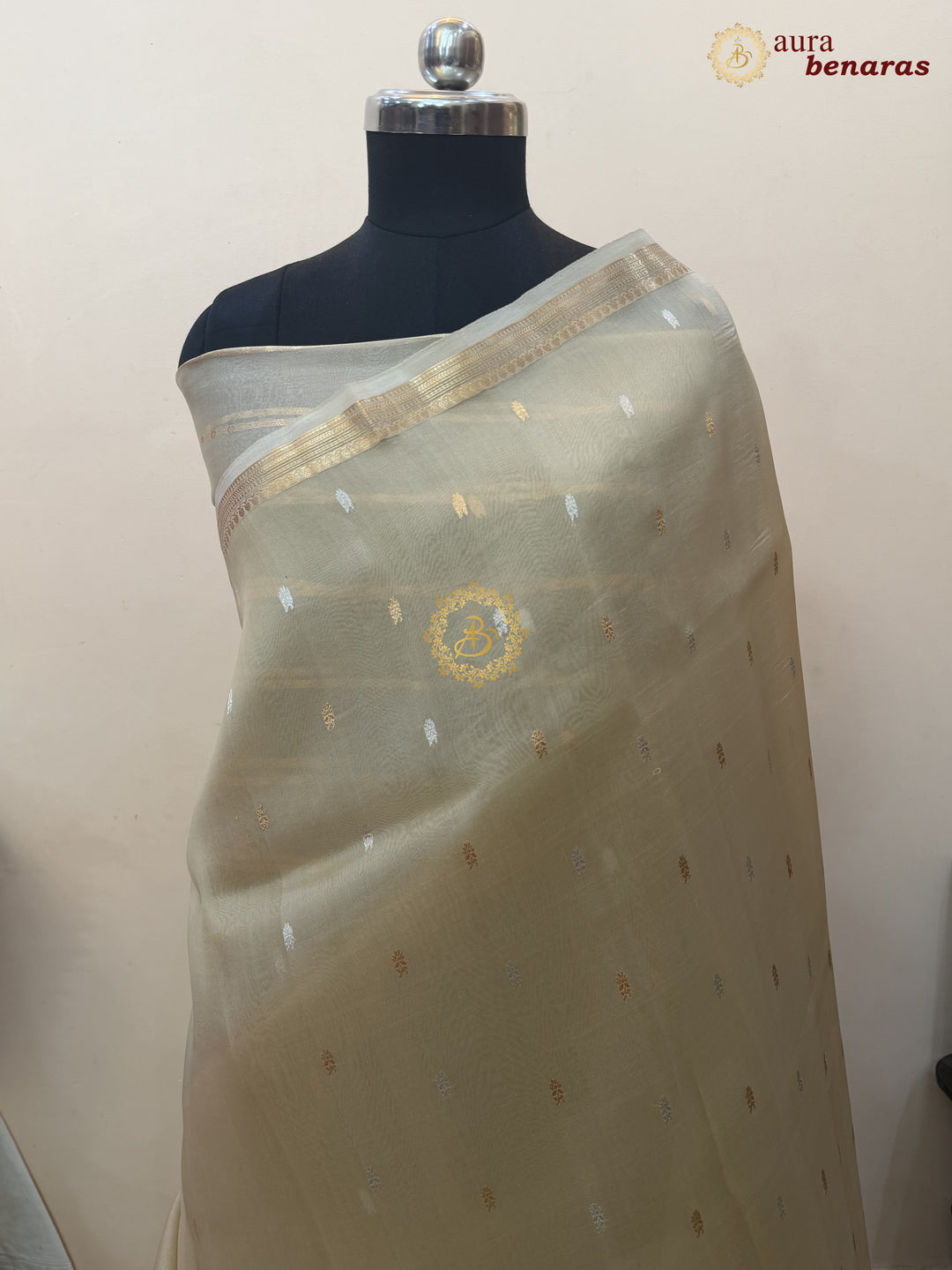 Pure Beige Kora Silk Banarasi Saree with Kadhwa Flower Butas