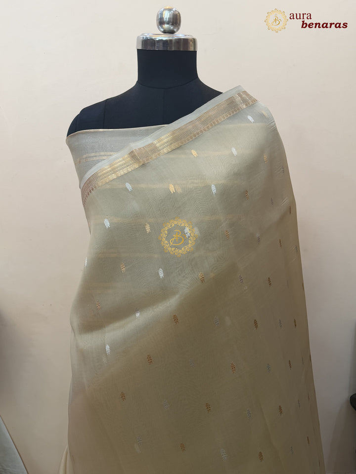 Pure Beige Kora Silk Banarasi Saree with Kadhwa Flower Butas