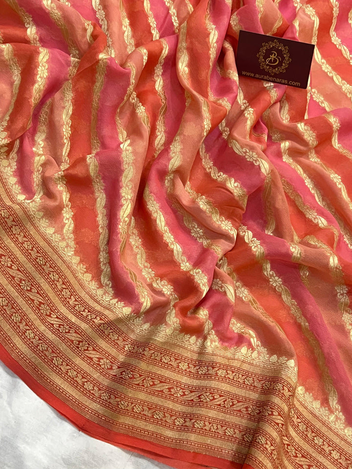 Peach Rangkaat Banarasi Khaddi Georgette Saree - Aura Benaras