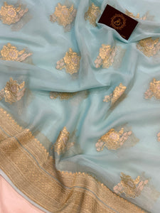 Pani Blue Banarasi Khaddi Georgette Saree - Aura Benaras