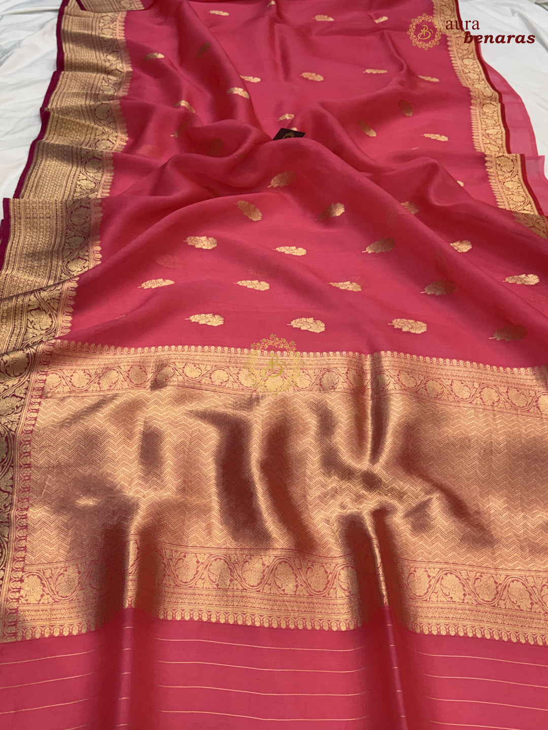 Bubblegum Pink Banarasi Kora Organza Sari with maroon contrast