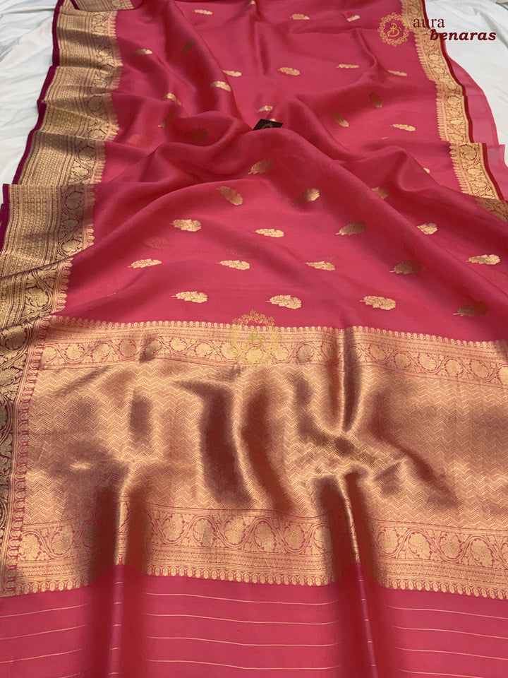 Bubblegum Pink Banarasi Kora Organza Sari with maroon contrast