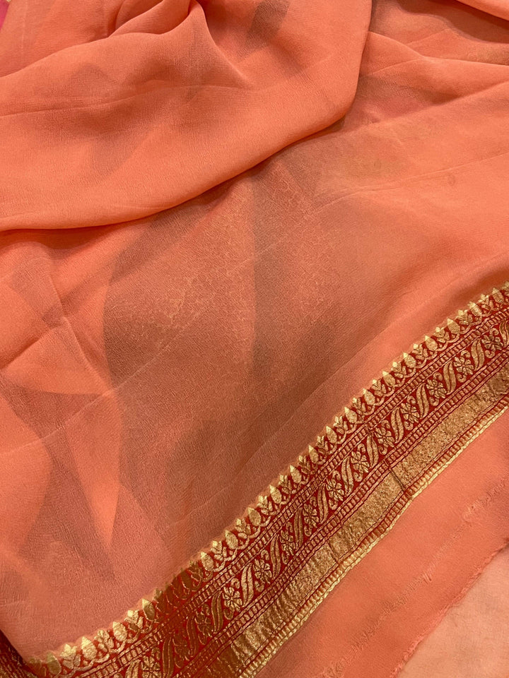 Peach Rangkaat Banarasi Khaddi Georgette Saree - Aura Benaras