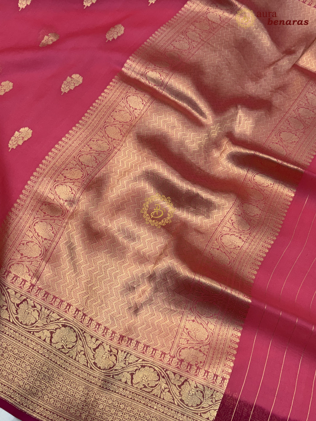 Bubblegum Pink Banarasi Kora Organza Sari with maroon contrast