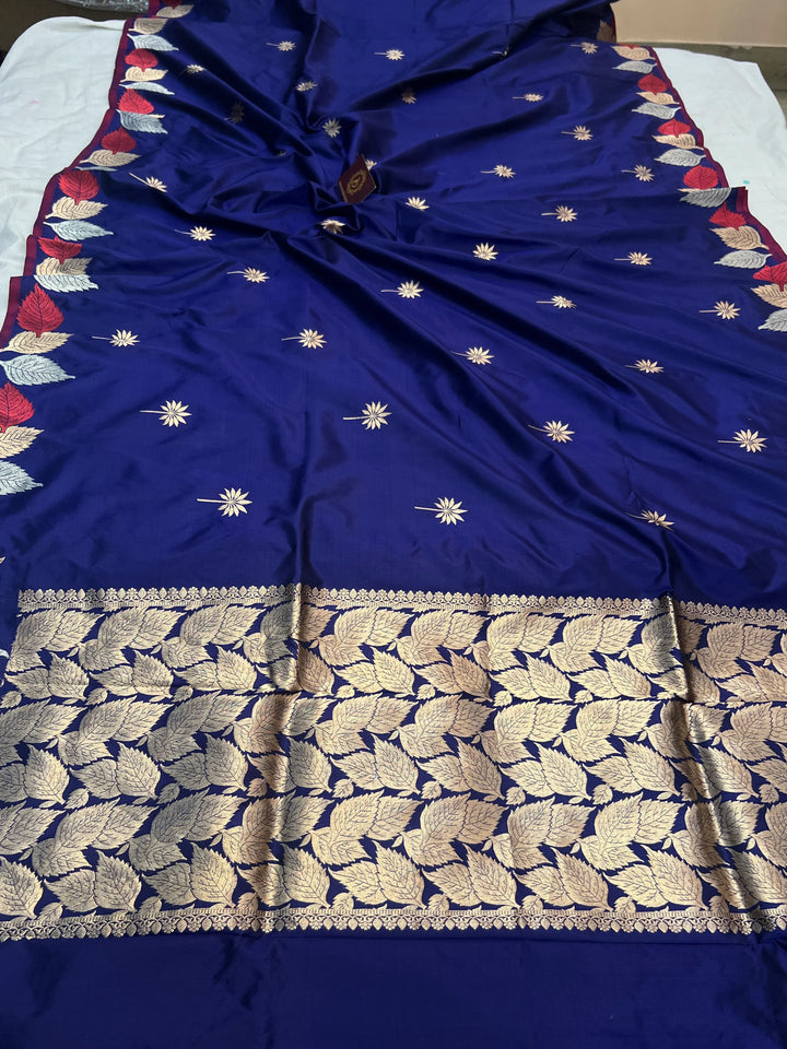 Navy Blue Pure Katan Silk Handloom Banarasi Saree - Aura Benaras
