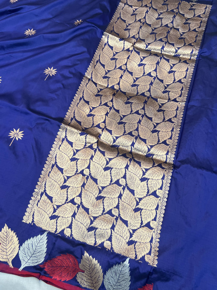 Navy Blue Pure Katan Silk Handloom Banarasi Saree - Aura Benaras