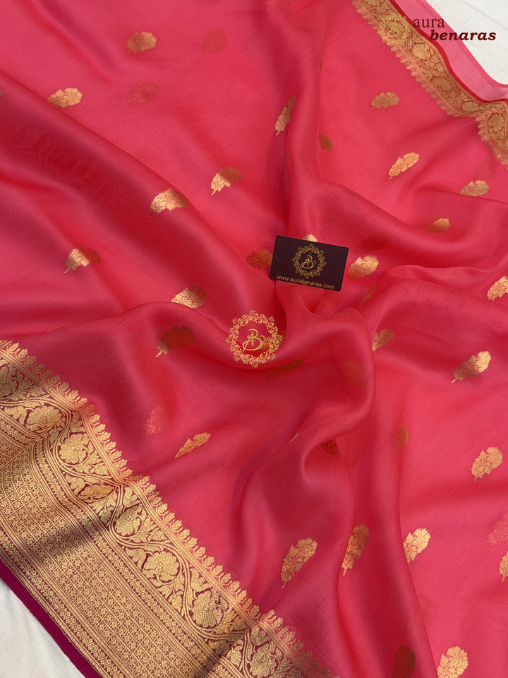 Bubblegum Pink Banarasi Kora Organza Sari with maroon contrast