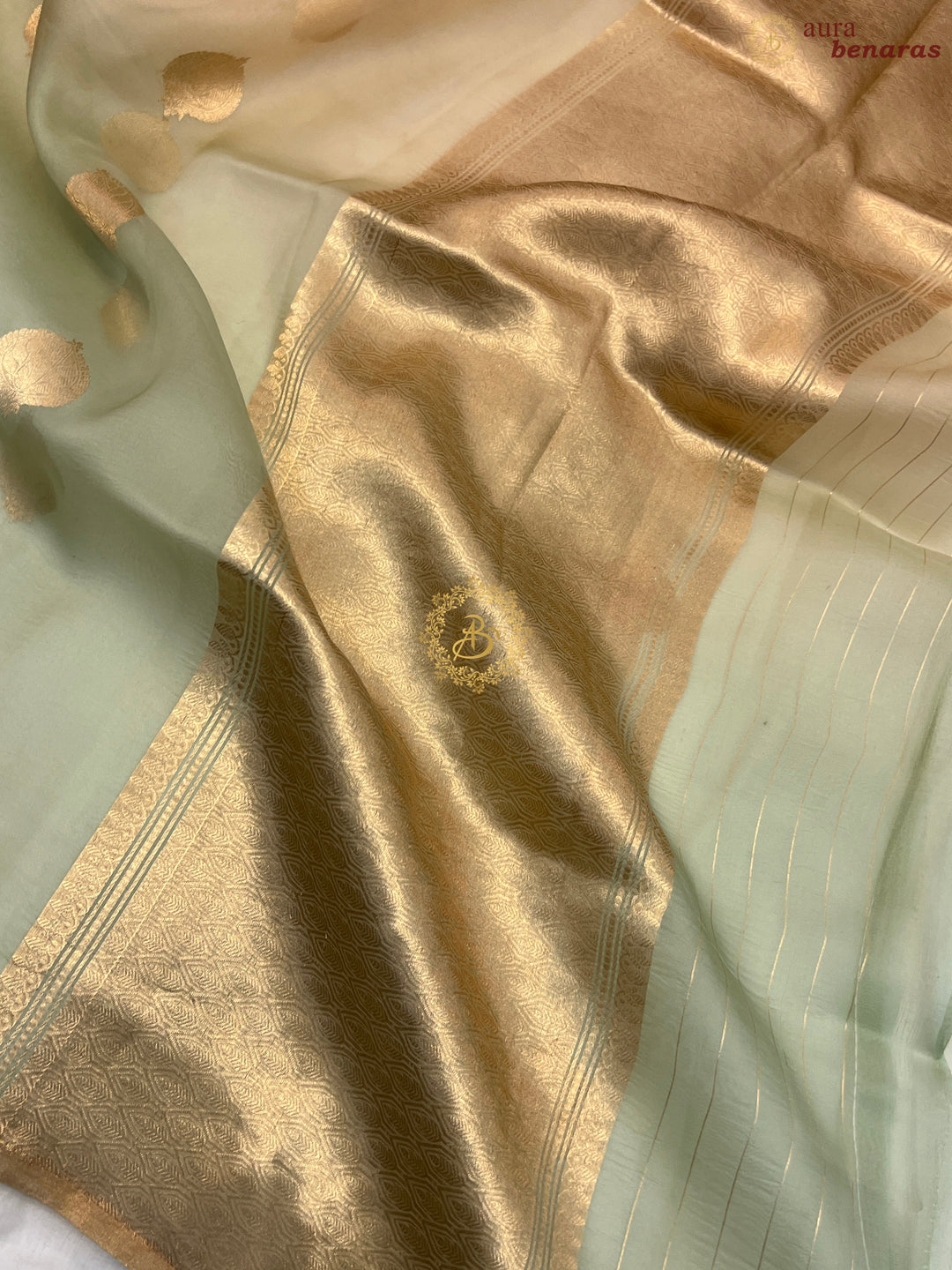 Pastel Mint Green and cream Shaded Pure Kora Silk Handloom Banarasi Saree