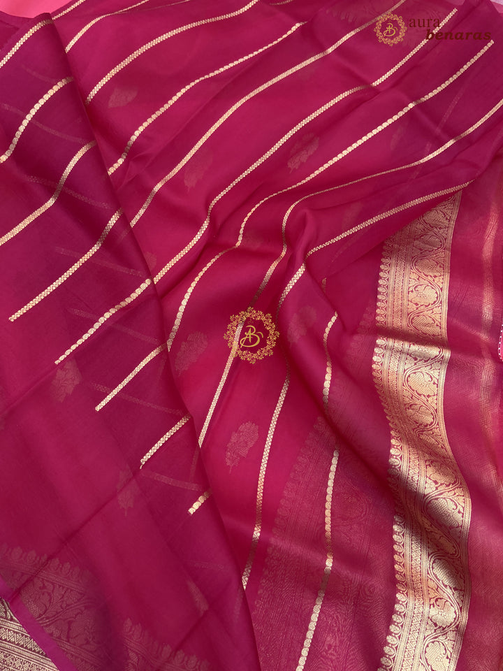 Bubblegum Pink Banarasi Kora Organza Sari with maroon contrast