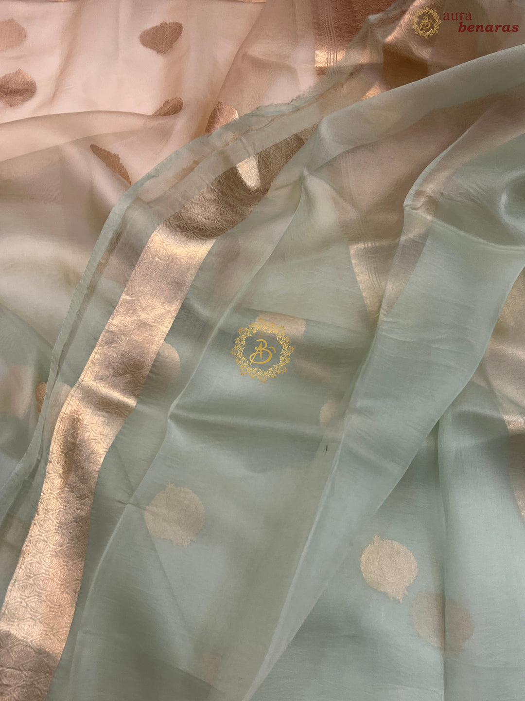 Pastel Mint Green and cream Shaded Pure Kora Silk Handloom Banarasi Saree