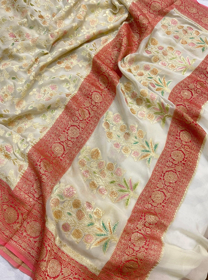 Off White Rangkaat Banarasi Khaddi Georgette Saree - Aura Benaras