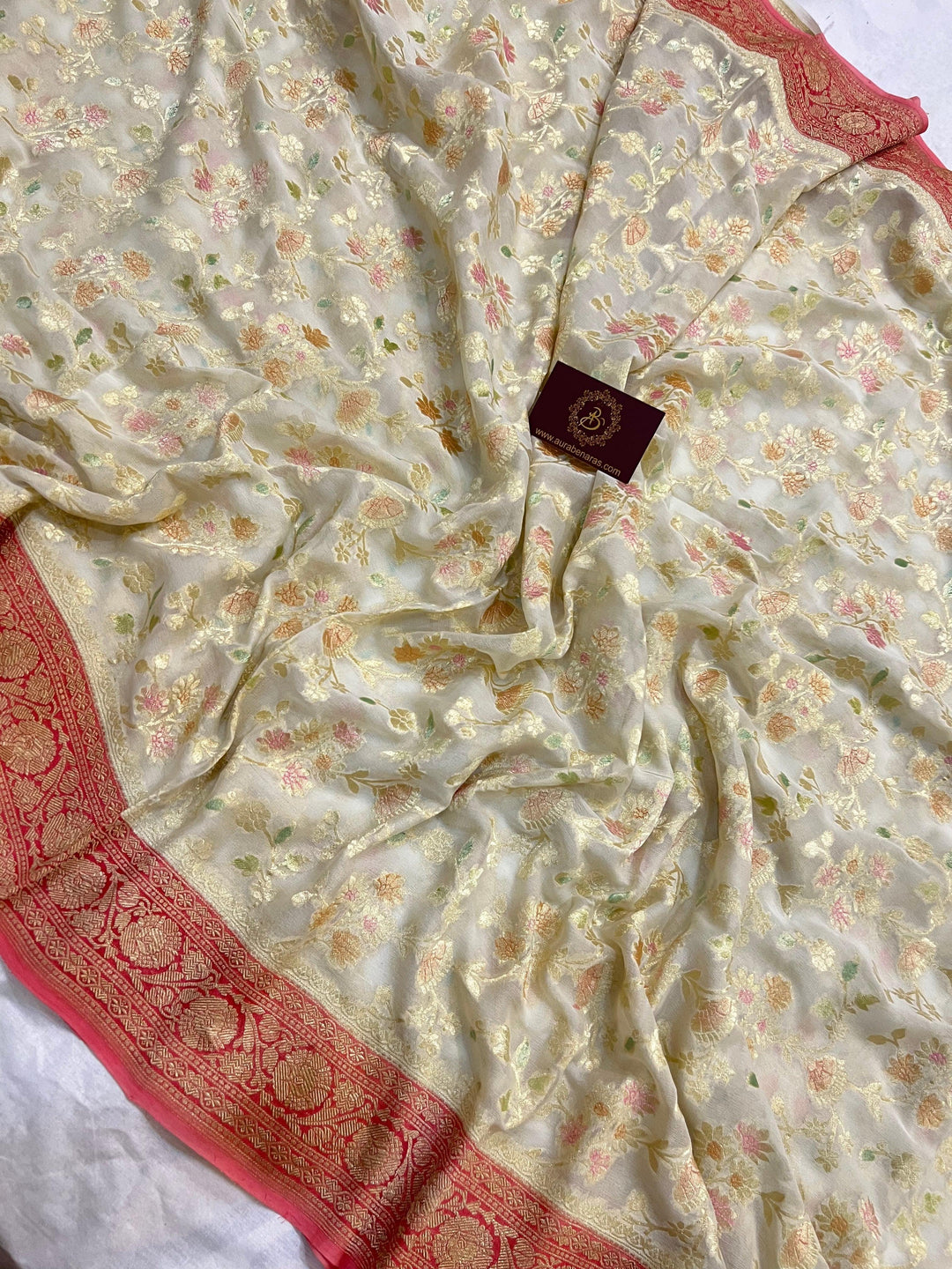 Off White Rangkaat Banarasi Khaddi Georgette Saree - Aura Benaras