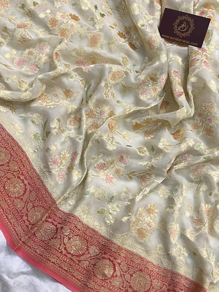 Off White Rangkaat Banarasi Khaddi Georgette Saree - Aura Benaras