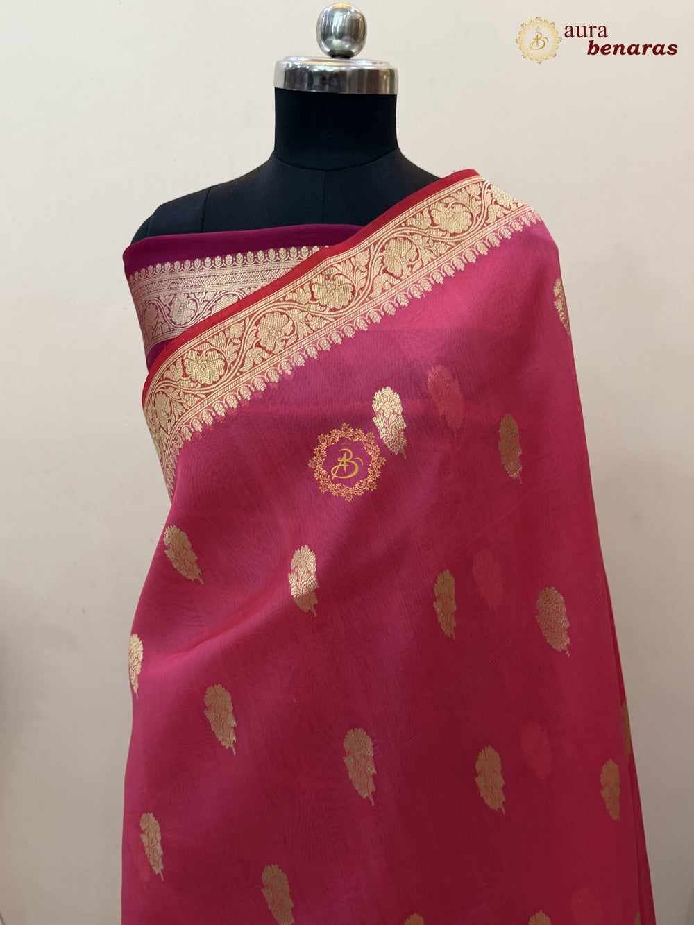 Bubblegum Pink Banarasi Kora Organza Sari with maroon contrast